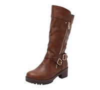 Bottes pour femme en cuir brillant plissé, double ceinture, fermeture éclair latérale, talon bloc massif, cuir synthétique imperméable, circonférence de la tige extensible, quatre couleurs : noir