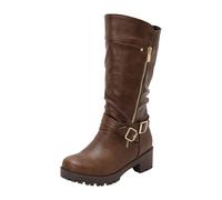 Bottes pour femme en cuir brillant plissé, double ceinture, fermeture éclair latérale, talon bloc massif, cuir synthétique imperméable, circonférence de la tige extensible, quatre couleurs : noir