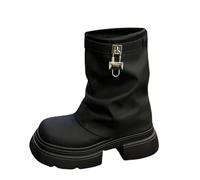 Bottes pour femme - Fermeture éclair latérale - Bottes d'équitation de moto avec ceinture décorative - Bottes d'hiver classiques - Bottes mi-hautes à enfiler - Bottes mi-hautes à talon bloc - Bottes