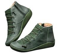 Bottes pour Femme Plates en Cuir PU Doux Bottines à la Cheville Doux Confortable Chaussures Médiévales Vintage Bout Rond à Lacets avec Fermeture Éclair Latérale Bottes d'Hiver Neige Imperméables