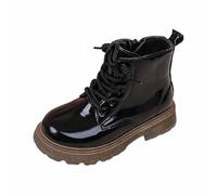 Bottes pour filles avec tige en cuir - Semelle souple - Confortable - Pour l'école - Finition brillante - Look tendance - Pour tous les jours - Âge : 4 à 12 ans, 02 Noir, 32 EU