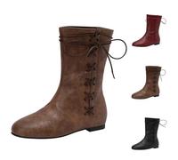 Bottes rétro à lacets unisexes - Grande taille - Bottes rétro britanniques plates - Bottines mi-mollet - Couleur unie - Bottines de pirate vintage médiévale, Noir , 39 EU