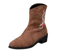 Bottes rétro en daim mi-mollet genou haut talon carré brodé femmes bottes courtes en caoutchouc pour femmes automne/hiver 2025, marron, 38.5 EU