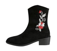 Bottes rétro en daim mi-mollet genou haut talon carré brodé femmes bottes courtes en caoutchouc pour femmes automne/hiver 2025, Noir , 40 EU
