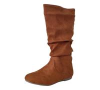 Bottes souples pour femme - En daim doux - Talon bas - Confortables - Fermeture éclair latérale - Antidérapantes autour des orteils - Bottes plates mi-mollet - Bottes d'hiver chaudes, Fermeture éclair