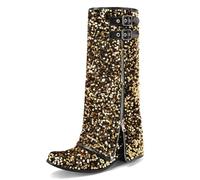 Bottes Talon Bloc Genou Haut avec Paillettes Double Laniere Boucle Fermeture Eclair Cote pour Nuit Bal Promo,d'or,39 EU