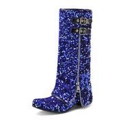 Bottes Talon Bloc Genou Haut avec Paillettes Double Laniere Boucle Fermeture Eclair Cote pour Nuit Bal Promo,Bleu,38 EU