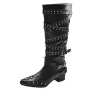 Bottes western à bout pointu et talon bloc pour femme - À enfiler - Style punk - Avec boucle et ceinture cloutée, Noir , 39 EU