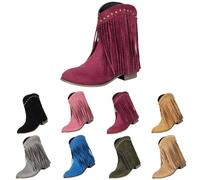 Bottes western à franges pour femme, bottines à talon bloc bas avec revers clouté, fabriquées en daim synthétique doux, chaussures confortables pour les sorties décontractées, les concerts de campagne
