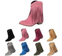 Bottes western à franges pour femme, bottines à talon bloc bas avec revers clouté, fabriquées en daim synthétique doux, chaussures confortables pour les sorties décontractées, les concerts de campagne