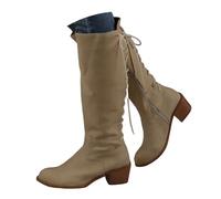 Bottes western à lacets pour femme - Talon bloc - Cuir synthétique lisse résistant à l'abrasion - Semelle en caoutchouc épaisse antidérapante - Extensible pour les mollets larges - Convient pour les