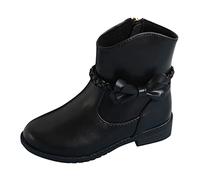 Bottes western avec fermeture éclair latérale pour fille avec nœud décoratif, détail tressé, bottines d'équitation à talon bas fermeture éclair, bottes d'hiver pour enfants 32, Noir , 28.5 EU