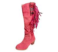 Bottes western de cowboy à franges pour femme - Bottines medieval d'automne et d'hiver à talon hauts- Confort chic Long-mollets couleur unie boots - Pour les festivals et la vie de tous les jours
