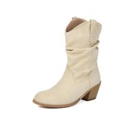 Bottes western mi-mollet à bout rond et talon épais en daim avec tige pliable style cowboy pour femme, beige, 41 EU