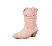 Bottes western mi-mollet à bout rond et talon épais en daim avec tige pliable style cowboy pour femme, rose, 41 EU