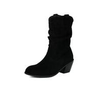Bottes western mi-mollet à bout rond et talon épais en daim avec tige pliable style cowboy pour femme, Noir , 40 EU