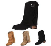 Bottes western mi-mollet pour femme, bottes à franges, chaussures à talon bloc bas avec sangle à boucle, chaussures confortables en faux daim pour concerts de campagne, sorties décontractées, design