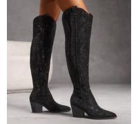 Bottes western noires à paillettes au-dessus du genou avec décoration de strass, parfaites pour les festivals de musique, les fêtes, les vacances, Halloween, les sorcières, pour le printemps, le sprin