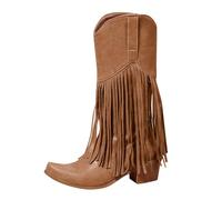 Bottes western pour femme - Avec franges - Bottes de cowboy pour femme - Bottes mi-hautes avec talon bloc - Bottes d'hiver à franges - Couleur unie - Bottes à enfiler - Bottes d'automne tendance
