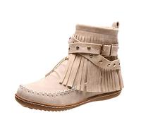 Bottes western pour femme avec franges - Élégantes : mocassins à double couture avec boucles - Tige courte - Semelle en caoutchouc antidérapante - Vintage - Bottes courtes en daim - Bottes de cowboy
