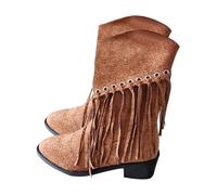 Bottes western pour femme - Bottes de cowboy à franges - Bottes d'équitation pour femme - Bottes d'équitation en daim - Bottes basses avec talon bloc - Bottes à enfiler - Bottes vintage à franges