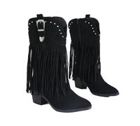 Bottes western pour femme - Bottes de cowboy à franges - Tige courte - Noir - Avec talon bloc - Bottines d'équitation vintage à franges - Bout pointu - Bottes de cheville - Bottes d'automne et d'hiver