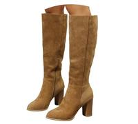 Bottes western pour femme - Hauteur genou - En daim - Fermeture éclair latérale - Talon bloc nervuré - Cuir synthétique doux résistant à l'abrasion - Large tige élastique - Trois tons - Marron - Beige