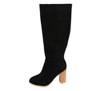 Bottes western pour femme - Hauteur genou - En daim - Fermeture éclair latérale - Talon bloc nervuré - Cuir synthétique doux résistant à l'abrasion - Large tige élastique - Trois tons - Marron - Beige