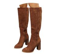 Bottes western pour femme - Hauteur genou - En daim - Fermeture éclair latérale - Talon bloc nervuré - Cuir synthétique doux résistant à l'abrasion - Large tige élastique - Trois tons - Marron - Beige
