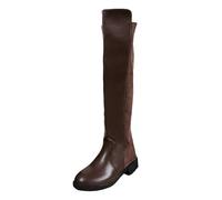 Bottes western pour femme - Hauteur genou - En daim - Fermeture éclair latérale - Tige droite - Talon plat - Matériau PU bicolore résistant - Convient pour les dîners et les promenades en ville