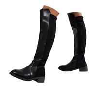 Bottes western pour femme - Hauteur genou - En daim - Fermeture éclair latérale - Tige droite - Talon plat - Matériau PU bicolore résistant - Convient pour les dîners et les promenades en ville