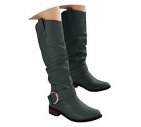 Bottes western pour femme, hauteur genou, unie, imitation cuir mat, fermeture éclair latérale, ceinture à boucle, talon bas bloc, matériau PU résistant, semelle en caoutchouc antidérapante, quatre