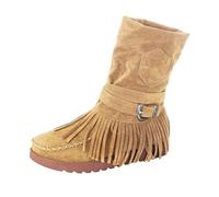 Bottes western pour femme - Noir - Avec franges - Bottines de cowboy pour femme - En daim cousu - Antidérapantes - Pour costume traditionnel - Tige large - Bottes d'hiver vintage - Bottes de country