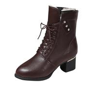 Bottine A Talon Cuir Bottes Plateforme Mi-Mollet Pour Femme Bout Rond | Bottines Femme Hiver Chic Botte Doublée En Polaire Bottine Avec Zippé Latérale Bottines Antidérapante Botte Confortable Boot