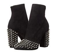 Bottines à Bout Pointu et Talon Bloc épais pour Femmes, Bottines Courtes de Soirée à Rivets Métalliques, Chaussures de Danse Confortables en Daim avec Fermeture éclair Latérale,43 EU