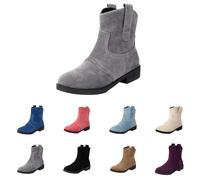 Bottines à enfiler pour femme à talon bloc bas inspirées de l'Occident en faux daim avec coutures contrastées, chaussures confortables à enfiler pour les promenades de loisirs et les w nds
