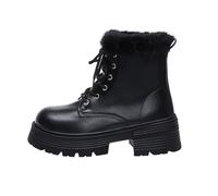 Bottines à lacets doublées en cuir pour femme | Bottes de combat résistantes à l'abrasion - Imperméables - Élégantes - Avec talon bloc - Bottes d'hiver chaudes