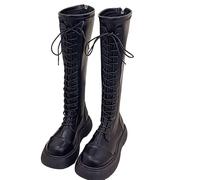 Bottines À Lacets Femme Cuir A Talon Botte Femme Plateforme Haut Large Mollet Large 2025 Nouveau Bottine Automne Hiver Botte Couleur Unie Chaud Bottes Antidérapante Chaussure Equitation Bottine