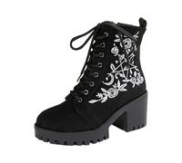 Bottines à lacets pour femme - Motif floral brodé - Talon épais - Chaussures courtes pour un progrès de la mode et du confort, Noir , 40 EU