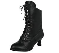 Bottines à lacets pour femme - Style gothique - Rétro - Mi-mollet - Chaussures britanniques en cuir - Talon bas - Steampunk Western - Bout pointu - Talon bloc - Bottines victoriennes avec talon, Noir