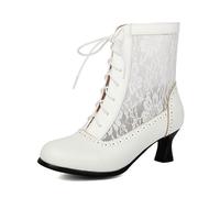Bottines à lacets style victorien pour femme - Style patchwork - Bout rond - Talon bloc - Chaussures de fête décontractées, blanc, 39 EU