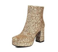 Bottines à paillettes pour femme - Bout rond - Talon bloc - Fermeture éclair latérale - Pour fête et soirée, doré, 41.5 EU