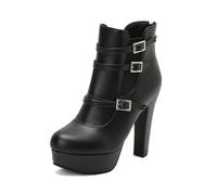 Bottines à plateforme pour femme triple boucle talon bloc haut bout rond chaussures gothiques avec fermeture éclair dans le dos, Noir , 41 EU
