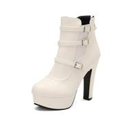 Bottines à plateforme pour femme triple boucle talon bloc haut bout rond chaussures gothiques avec fermeture éclair dans le dos, blanc, 38.5 EU