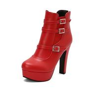 Bottines à plateforme pour femme triple boucle talon bloc haut bout rond chaussures gothiques avec fermeture éclair dans le dos, Rouge, 40.5 EU