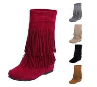 Bottines à pompons pour femme - Automne et hiver - Bottines courtes avec franges - Talon plat - Bout rond - Grande taille - Style western rétro décontracté - Pour un usage quotidien en plein air