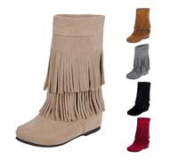 Bottines à pompons pour femme - Automne et hiver - Bottines courtes avec franges - Talon plat - Bout rond - Grande taille - Style western rétro décontracté - Pour un usage quotidien en plein air