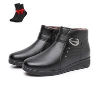 Bottines à talon compensé bas for femmes, bottes chaudes en cuir souple antidérapant à semelle souple, doublure en fausse fourrure, fermeture éclair latérale for les personnes âgées(Black,36 EU)