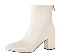 Bottines à talon compensé pour femme élégantes, bottes courtes, mi-mollet, fermeture éclair latérale, talon épais, bout carré, talon haut, bottines à talon pour femme élégantes, Blanc., 35 EU