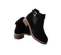 Bottines à talons bas élastiques unies pour femme, bout rond, brides à boucle et semelle plateforme, talon de 3,8 cm (Black,39)